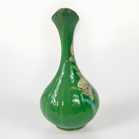 Vintage Moriage Hand Painted Textured Enamel Flowers Ewer Jug Vase 8” - Picture 4 of 7